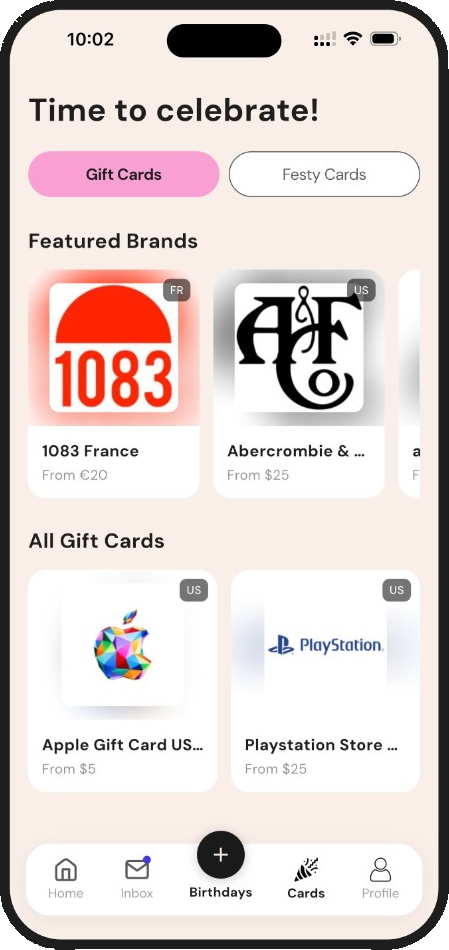 Gift cards and gifting screen